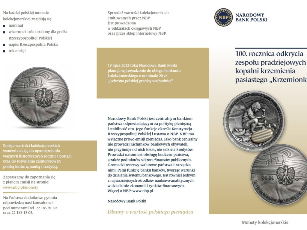 NBP o uhonorowaniu setnej rocznicy odkrycia zespołu pradziejowych kopalni krzemienia pasiastego na srebrnej monecie kolekcjonerskiej